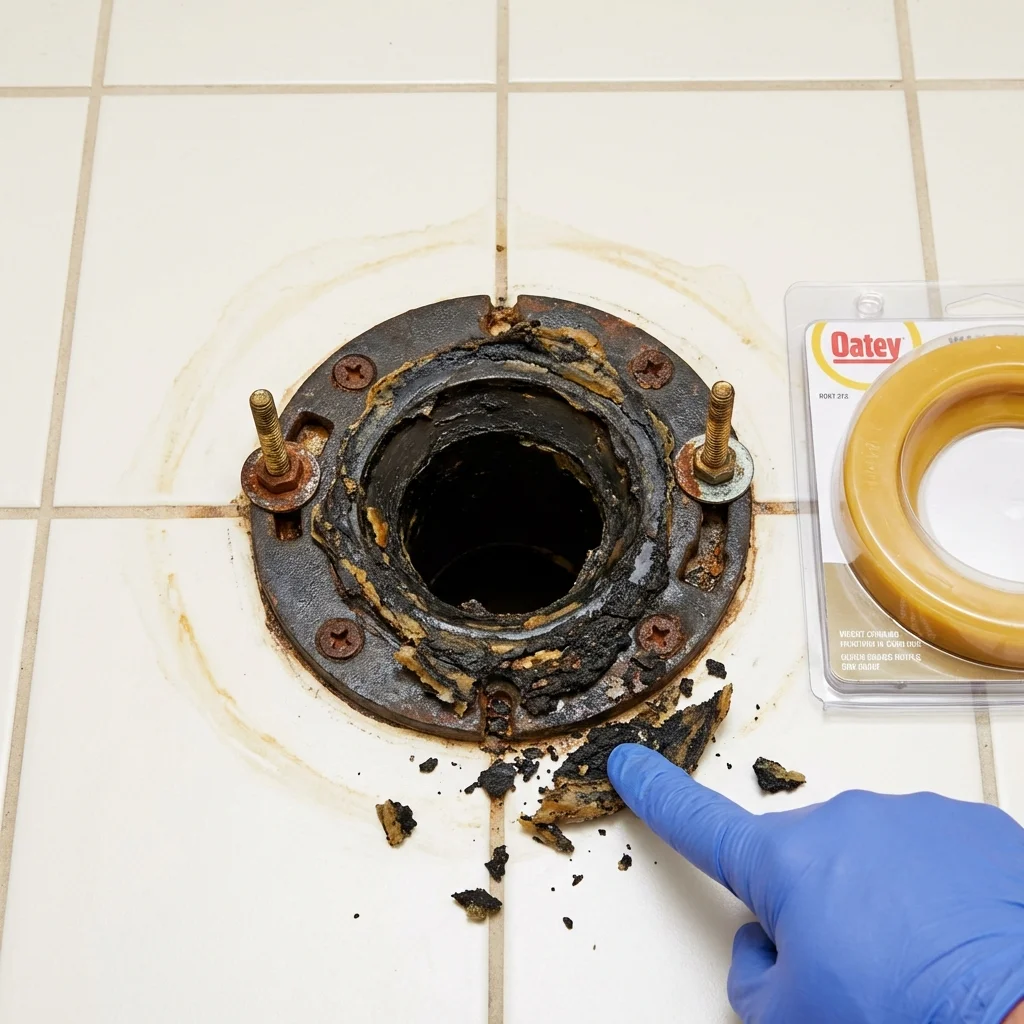 Failed wax ring showing water seepage at the base of a toilet in a Franklin, NE home