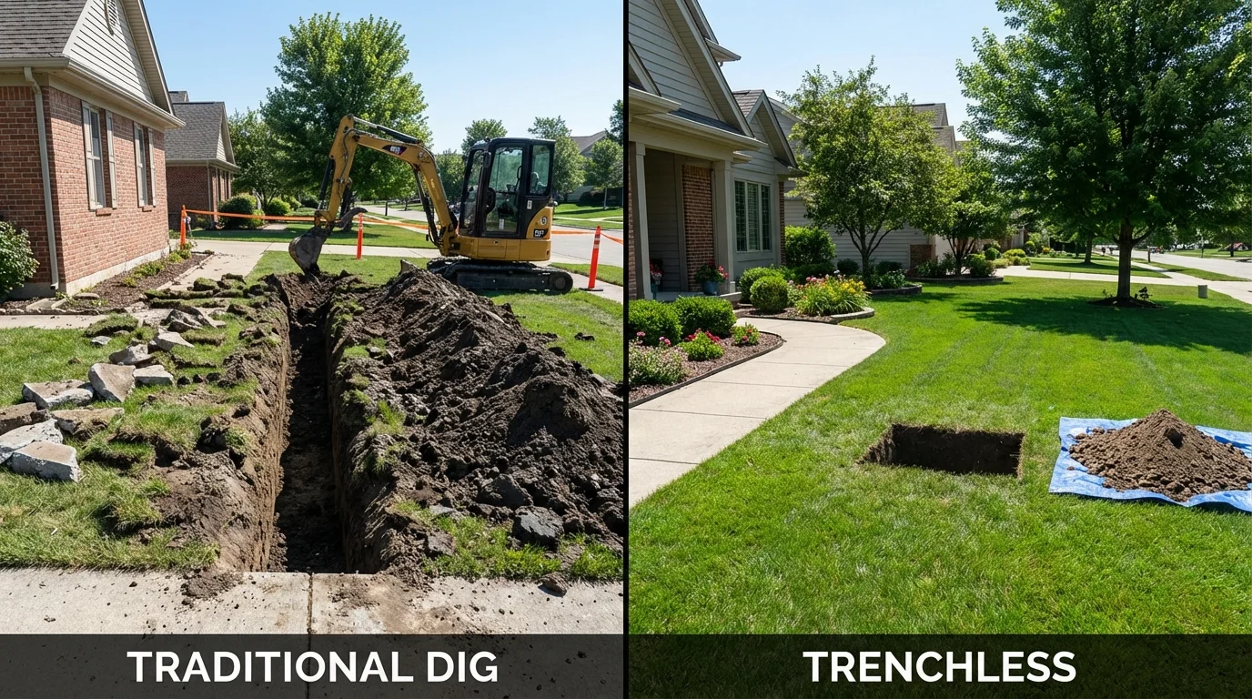 Trenchless sewer repair with minimal yard damage versus traditional excavation in Franklin, NE