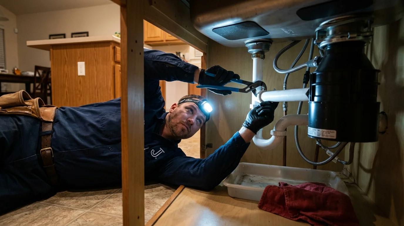 P-trap and supply line connections under a kitchen sink showing a common leak point in Franklin, NE